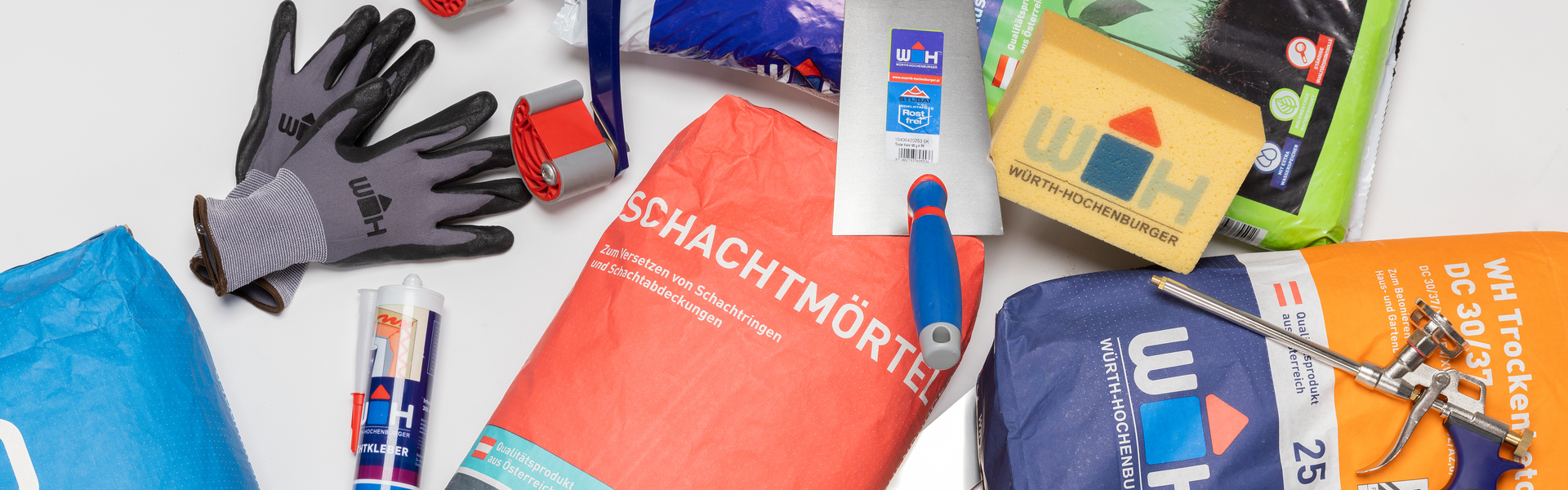 Unterschiedliche WH-Eigenprodukte von Handschuhen bis Mörtel