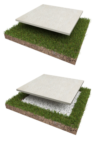 Schematische Darstellung der Verlegung von Keramikplatten auf Gras
