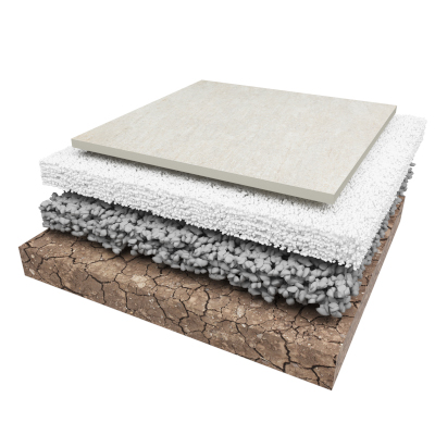 Schematische Darstellung der Verlegung von Keramikplatten auf Kies