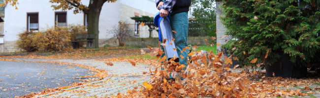 Mann mit einem Laubbläser, um den Gehweg und die Hauseinfahrt von Blättern und Laub zu befreien